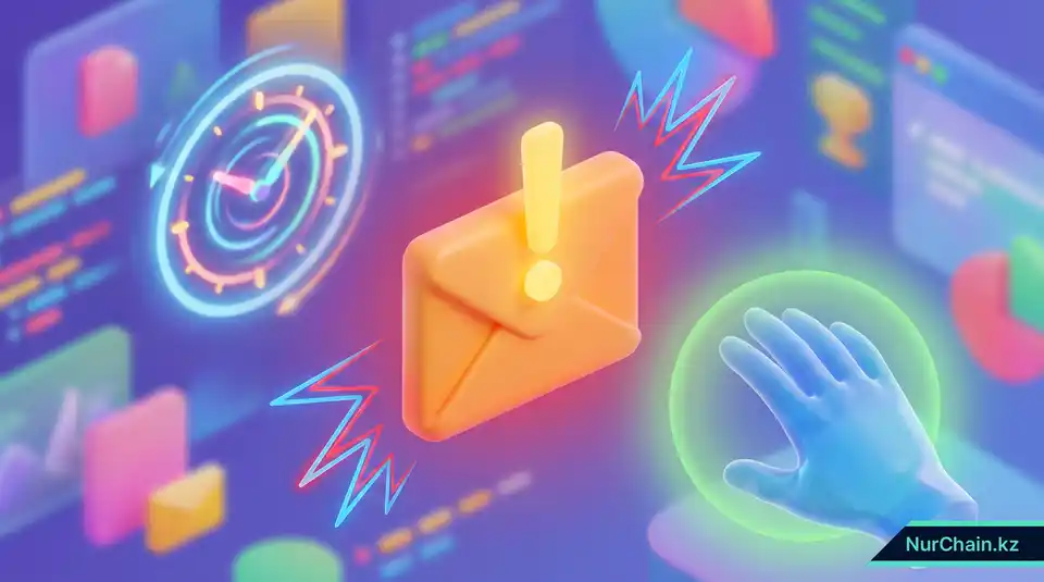 3D-изображение фишингового письма с восклицательным знаком и быстро идущими часами, символизирующими искусственно созданную спешку.