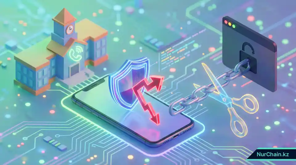 Наглядное руководство, показывающее блокировку соединения на смартфоне и отзыв разрешений для предотвращения цифрового мошенничества.