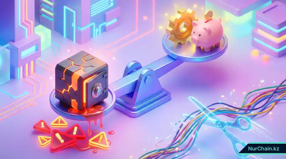 Трехмерная инфографика, иллюстрирующая высокие финансовые затраты из-за утечек безопасности в сравнении с экономией и эффективностью проверенного кода.