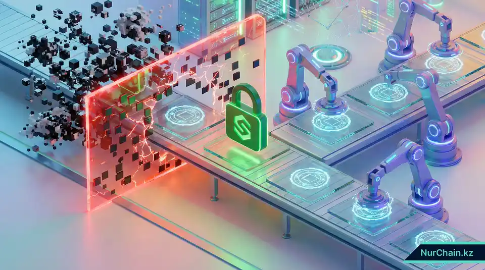 Трехмерное изображение защищенной линии цифрового производства, предотвращающей попадание поддельных дипломов в блокчейн-систему.