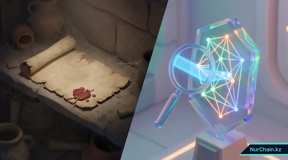 Трехмерное сравнение традиционного бумажного диплома и защищенного, прошедшего аудит цифрового документа, представленного в виде светящейся геометрической решетки.