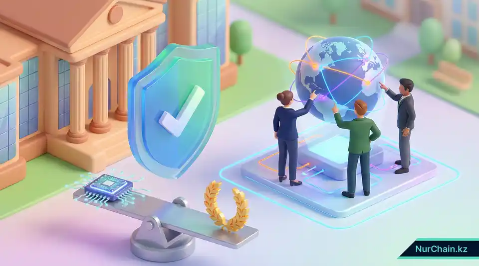 Трехмерная инфографика, демонстрирующая сторонних экспертов, проверяющих блокчейн-систему университета для обеспечения глобальной аккредитации и доверия.