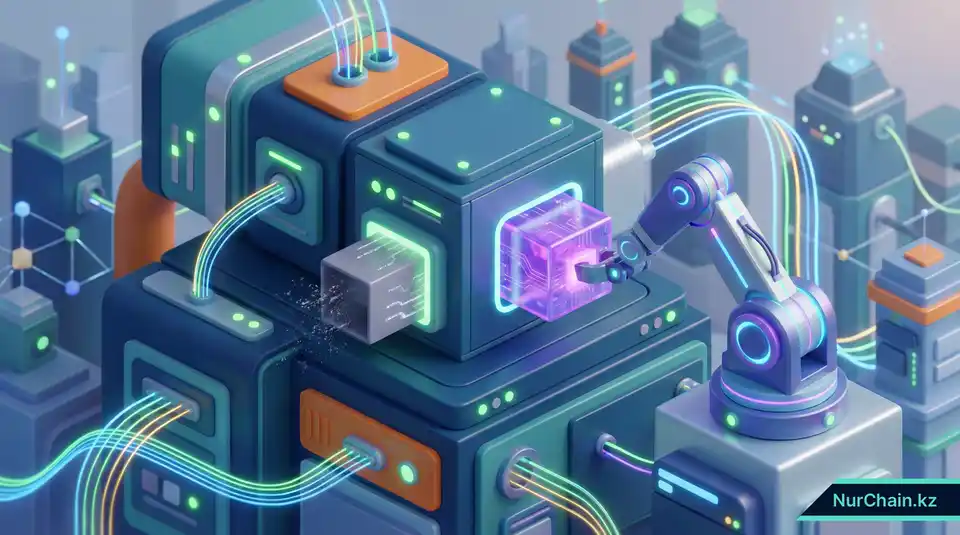 3D-модульная машина с роботизированной рукой, заменяющей компоненты безопасности, что символизирует криптографическую гибкость и адаптивность систем.