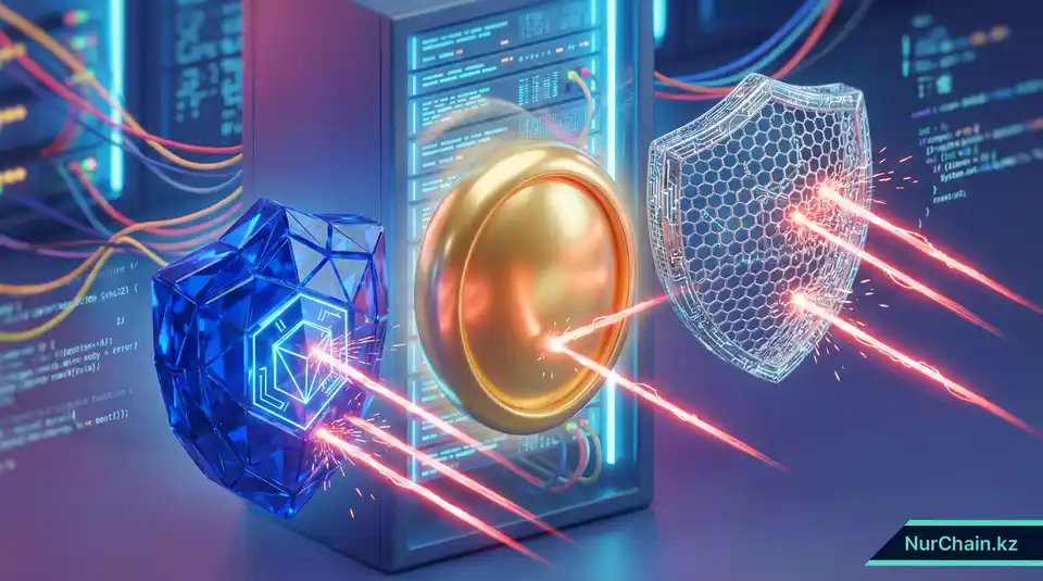 Три 3D-кристаллических щита, защищающих цифровой сервер, что символизирует стандарты постквантовой криптографии NIST.