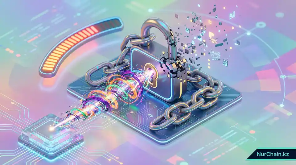 3D-графика, изображающая разрушение традиционного цифрового замка лучами квантовой энергии, что символизирует риски безопасности для блокчейна.