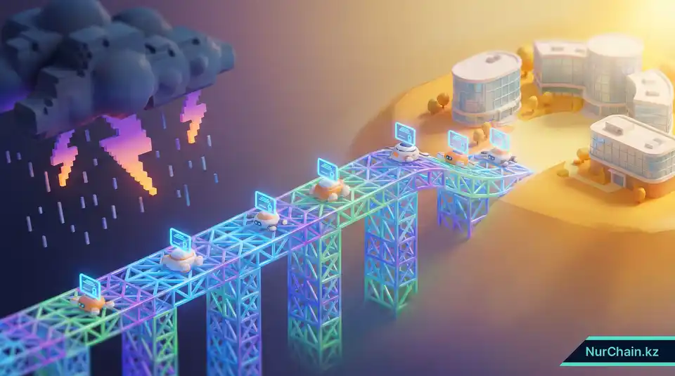 3D-иллюстрация решетчатого моста, ведущего из шторма к светлому будущему, символизирующая безопасный переход академических записей.