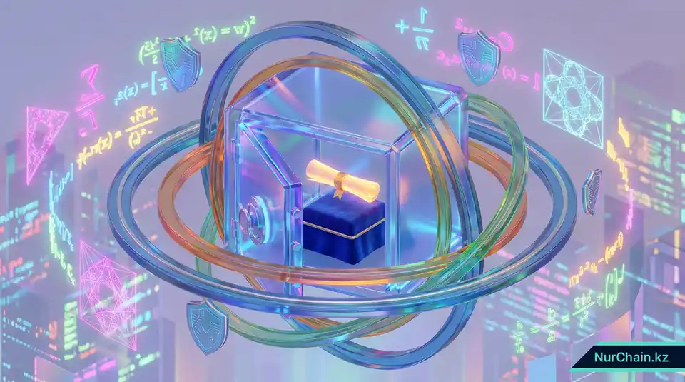 Итоговая 3D-графика с цифровым дипломом в футуристическом хранилище, олицетворяющая абсолютную защиту образовательной достоверности.