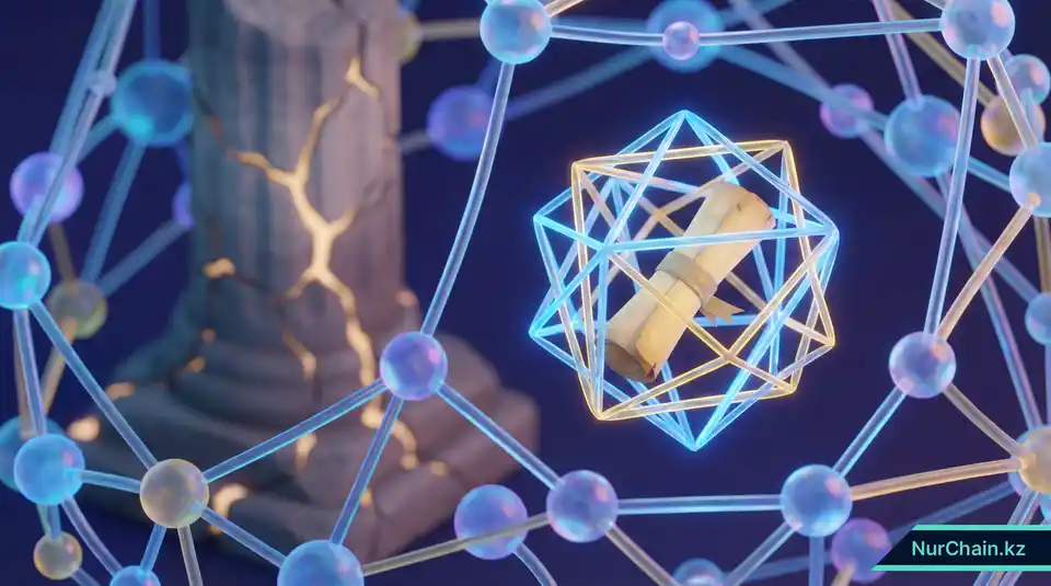 3D-визуализация, демонстрирующая переход от уязвимой централизованной системы к защищенной децентрализованной сети, охраняющей цифровой диплом.