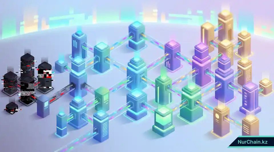 3D-графика, показывающая отказоустойчивую децентрализованную сеть, сохраняющую работоспособность, несмотря на локальные сбои узлов или кибератаки.