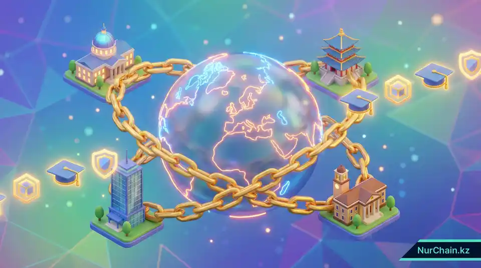 Карта мира, показывающая университеты, соединенные блокчейн-цепочкой, что символизирует международную целостность данных и академические стандарты.