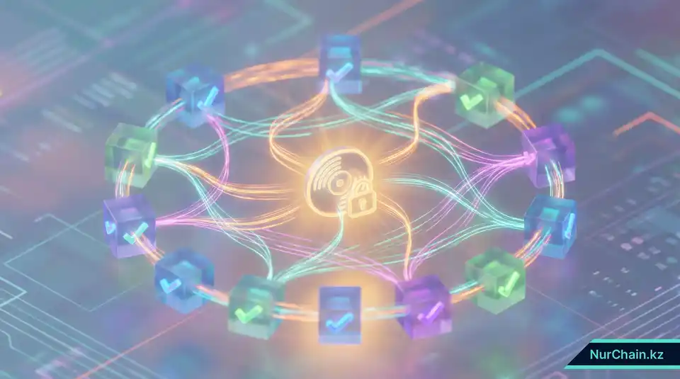 Изометрический вид нескольких узлов сети, достигающих консенсуса для защиты академических данных от несанкционированных правок.