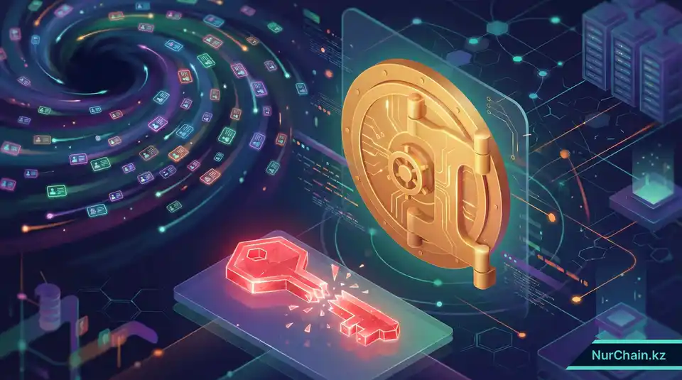 Трехмерная визуализация центрального хранилища со сломанным мастер-ключом, символизирующая риски централизованного хранения данных в образовании.