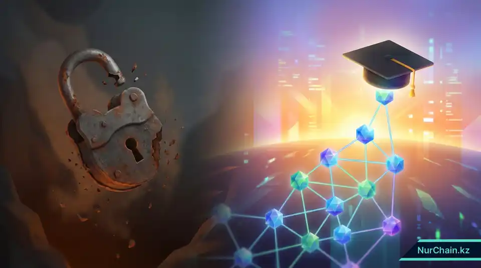 Итоговое трехмерное изображение: сломанный ржавый замок трансформируется в защищенную децентрализованную цифровую сеть для сферы образования.