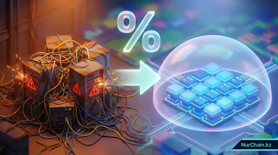 Трехмерная инфографика, показывающая разрыв в уязвимости между традиционными хаотичными сетями и защищенными децентрализованными системами.