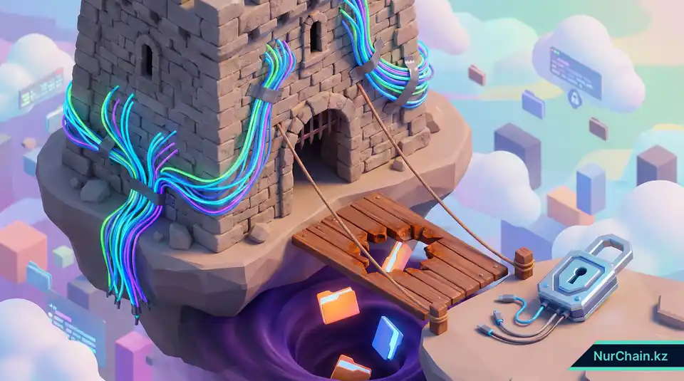 Трехмерная иллюстрация: старая каменная башня с утечкой цифровых данных, символизирующая эксплуатацию устаревших систем в университетах.