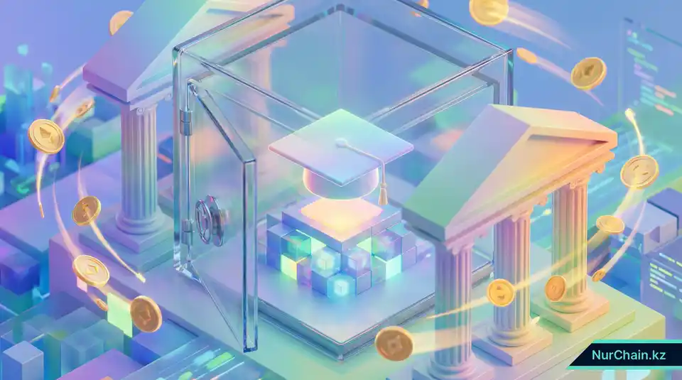 3D-изображение цифрового хранилища с академическими символами под защитой колонн правосудия, представляющее закон о цифровых активах.