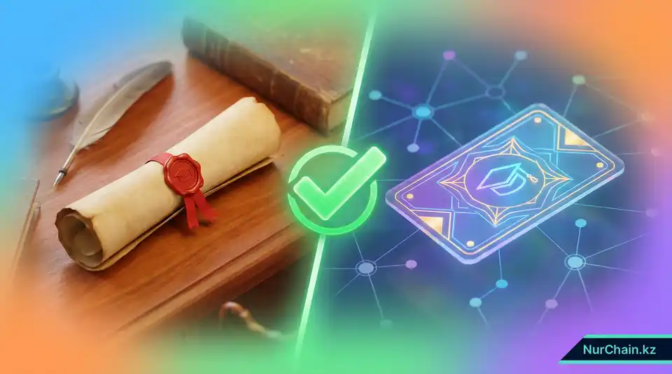 Сравнение физического бумажного диплома и цифрового NFT-диплома с зеленой галочкой, символизирующей юридическое признание.