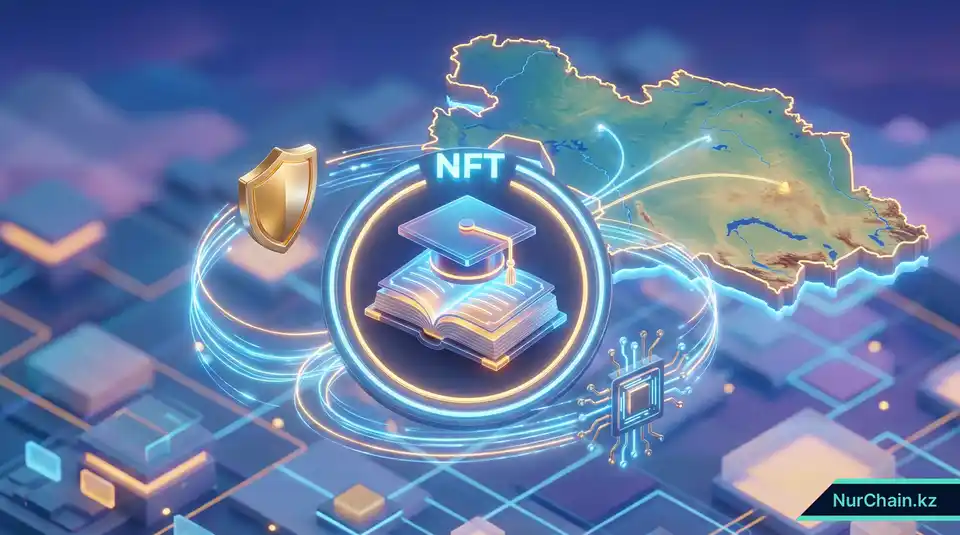 3D-инфографика, изображающая значок NFT-диплома на цифровом кодексе с иконками безопасности и картой Казахстана.