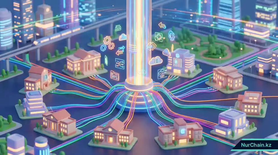 3D-инфографика, показывающая здания нескольких университетов, подключающихся к центральной национальной цифровой платформе.