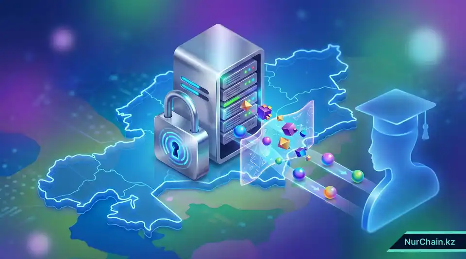 3D-визуализация локализации данных студентов в Казахстане с защищенным замком и зашифрованным потоком данных.