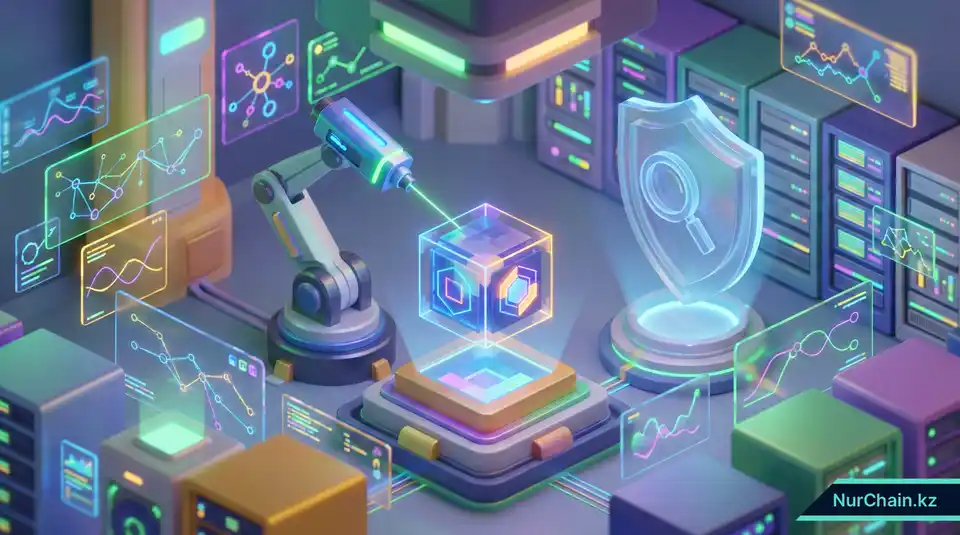 3D-рендер технического аудита безопасности с роботом-сканером и иконкой щита для проверки соответствия ПО.