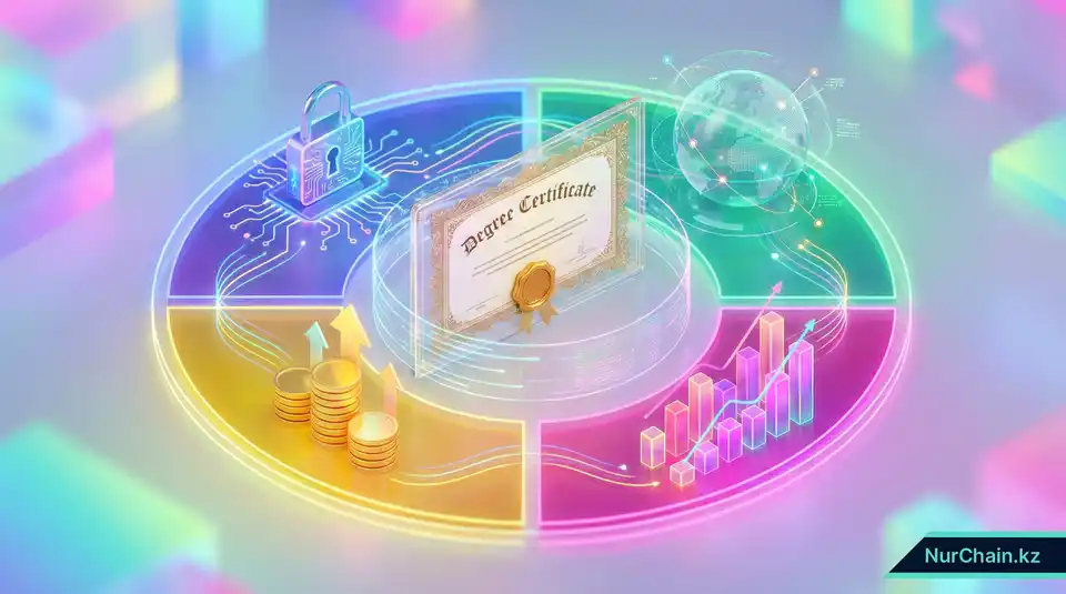 Итоговая 3D-инфографика, показывающая центральный цифровой диплом, связанный с иконками безопасности, глобальной мобильности, экономии средств и масштабируемости.