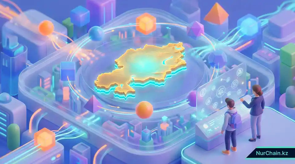 3D-иллюстрация, изображающая сияющую карту Казахстана в окружении цифровых блокчейн-узлов и студентов, выбирающих технологическую платформу.