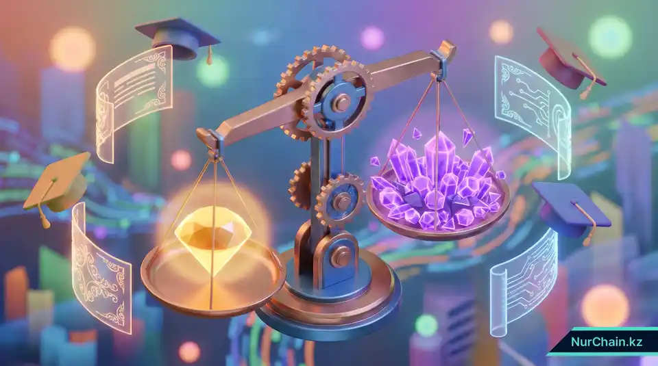 3D-весы, сравнивающие престижный золотой бриллиант с эффективными фиолетовыми шестиугольниками, иллюстрируя анализ затрат и выгоды блокчейна.