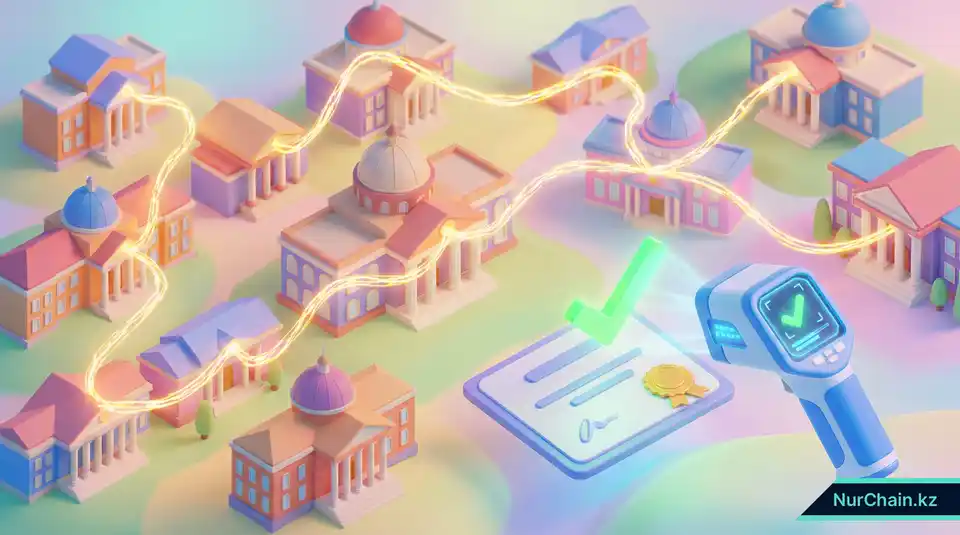 3D-сеть зданий университетов, соединенных золотой нитью данных, представляющая национальную сеть EduChain для верификации дипломов.