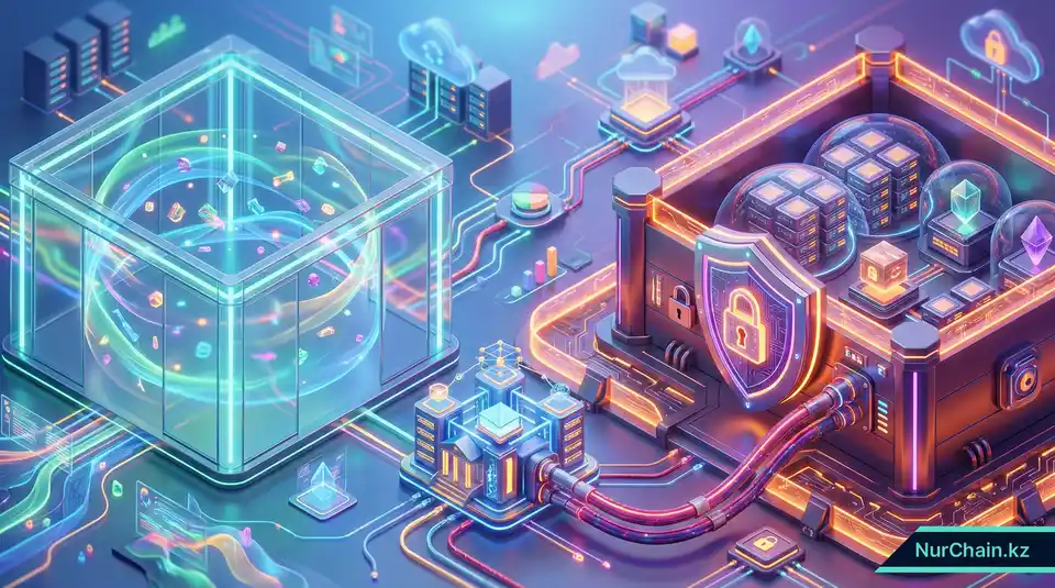 Визуальное сравнение открытой структуры публичного блокчейна и защищенного частного цифрового хранилища для академических данных.