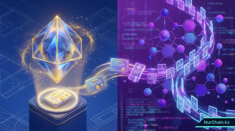 3D-сравнение сетей Ethereum и Polygon для NFT-дипломов, демонстрирующее баланс между высокой ценностью безопасности и эффективностью при больших объемах.