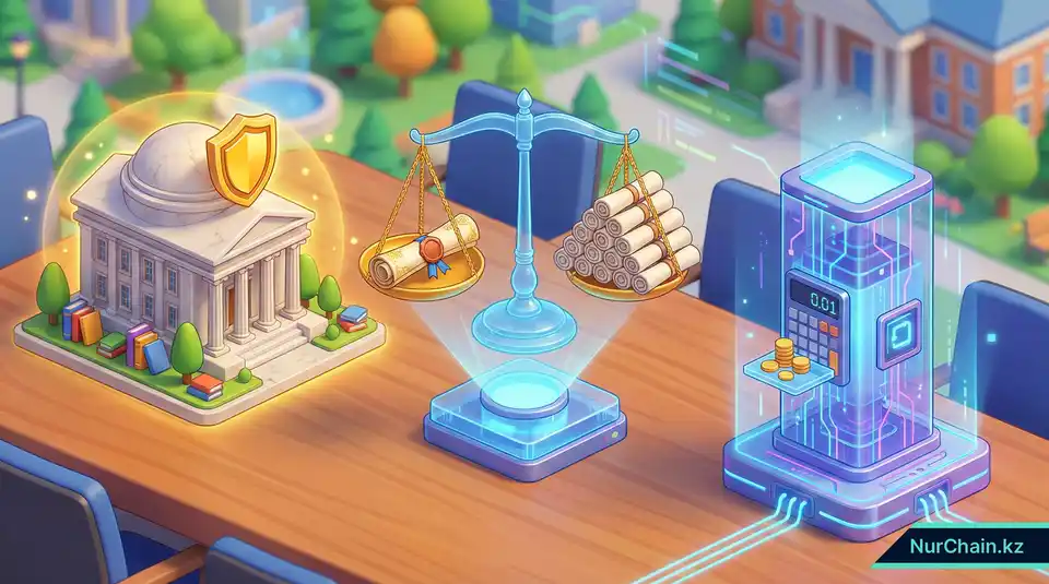 3D-визуализация стратегического выбора между престижем учебного заведения и бюджетной эффективностью при внедрении блокчейна.