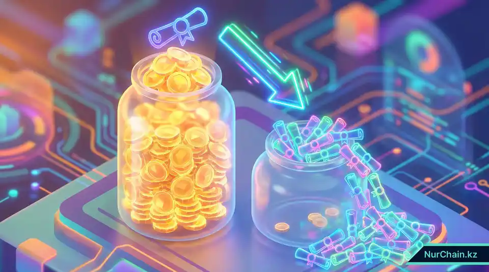 3D-инфографика, показывающая разницу в стоимости минтинга (выпуска) NFT-дипломов между двумя различными блокчейн-сетями.