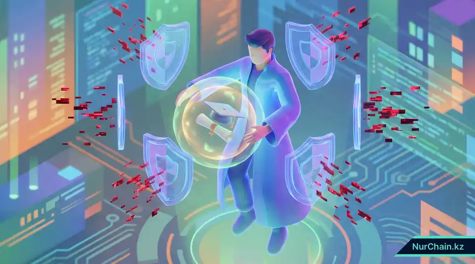 3D-иллюстрация выпускника, защищающего свои личные цифровые документы с помощью голографических щитов.