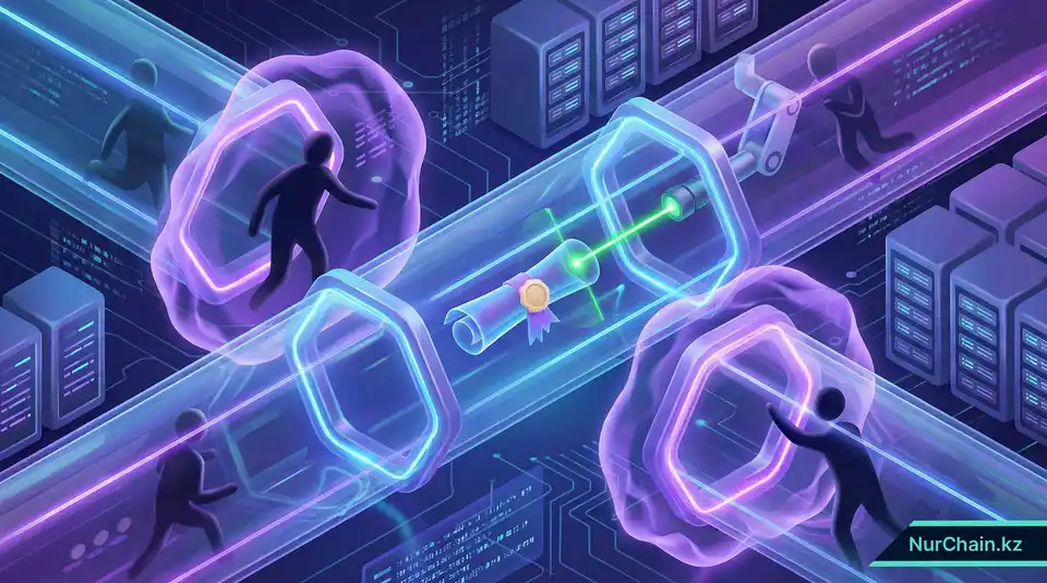 3D-графика, демонстрирующая защищенные частные каналы в Hyperledger Fabric, оберегающие академические документы.