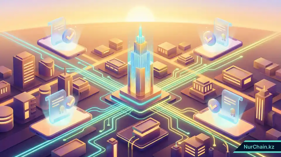 3D-визуализация, представляющая цифровую стратегию Казахстана на 2026 год и интеграцию национального электронного правительства.