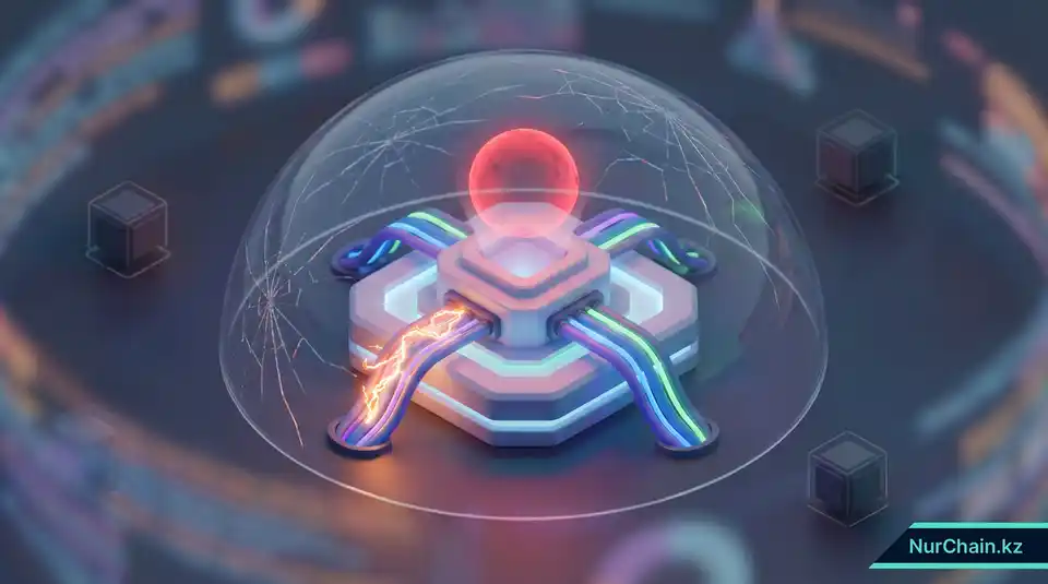 3D-графика центрального серверного узла с красным предупреждающим сигналом и трещинами на стеклянном куполе, представляющая риски централизации.