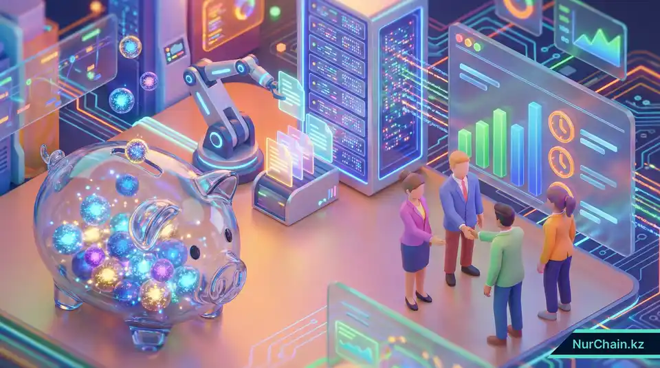 3D-визуализация автоматизированной сортировки цифровых документов и копилка, символизирующая административную экономию университетов.