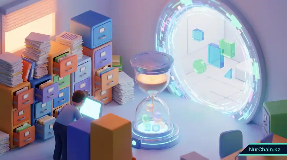 3D-рендер офисного сотрудника, заваленного бумажными документами, и песочных часов, в которых песок превращается в цифровые данные.