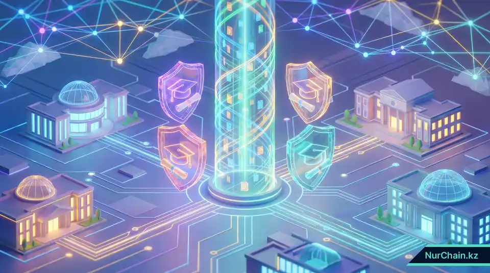 3D-инфографика центрального столпа цифрового реестра, защищающего образовательные документы с помощью светящихся щитов и сетевых линий.