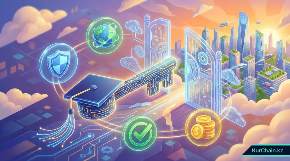 3D-инфографика ключа в форме академической шапочки, открывающего глобальные ворота, что символизирует будущее казахстанских документов об образовании.