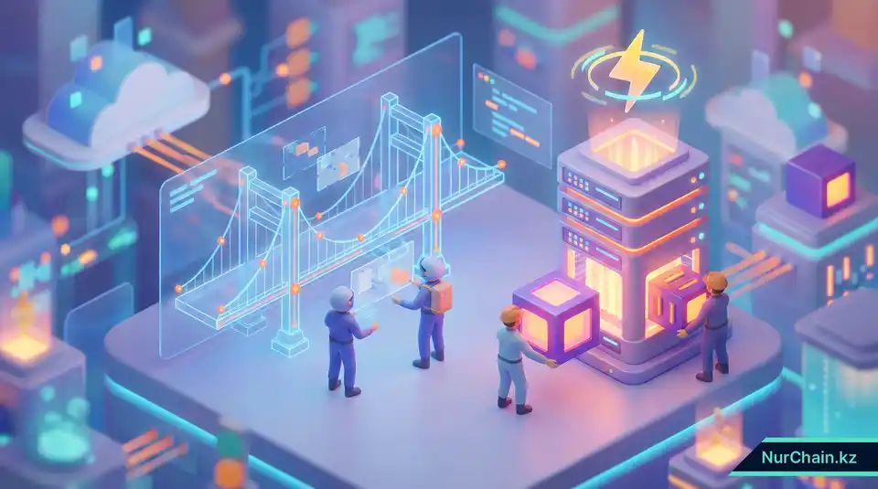 3D-рендер строящегося цифрового моста с голографическими чертежами, олицетворяющий технические трудности.