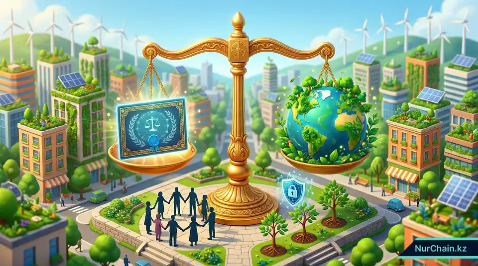 3D-иллюстрация весов, уравновешивающих цифровой документ и зеленый земной шар, что символизирует соответствие блокчейна принципам ESG и ЦУР (Целям устойчивого развития).