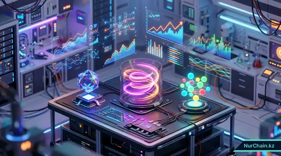 3D-сравнение различных высокоэффективных «зеленых» блокчейн-сетей, представленных в виде абстрактных светящихся символов.