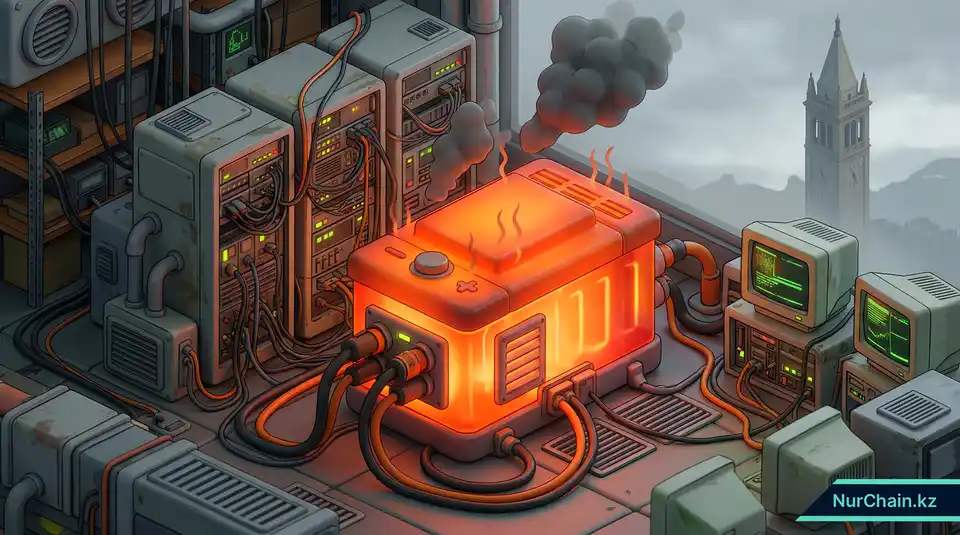 3D-графика перегревающегося аккумулятора и старых серверов, символизирующая высокое энергопотребление блокчейн-систем на базе Proof-of-Work.