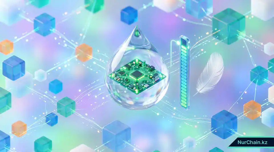 3D-визуализация капли воды и печатной платы, демонстрирующая энергоэффективность и низкий углеродный след блокчейна на алгоритме Proof-of-Stake.