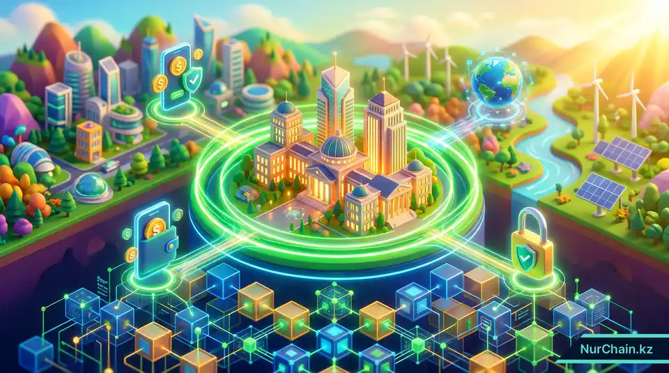 Итоговая 3D-инфографика, изображающая университет, опирающийся на устойчивую цифровую инфраструктуру и экологичные блокчейн-технологии.
