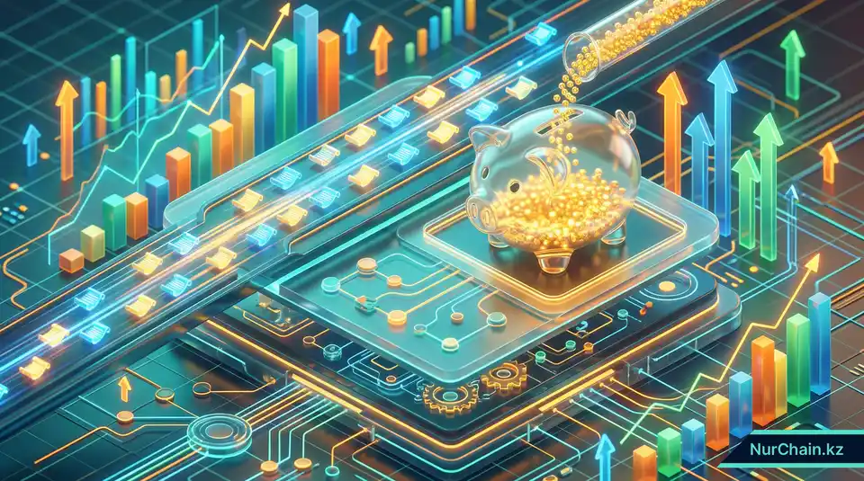 3D-инфографика, изображающая высокоскоростную магистраль данных и копилку, что олицетворяет техническую масштабируемость и экономическую эффективность блокчейна.