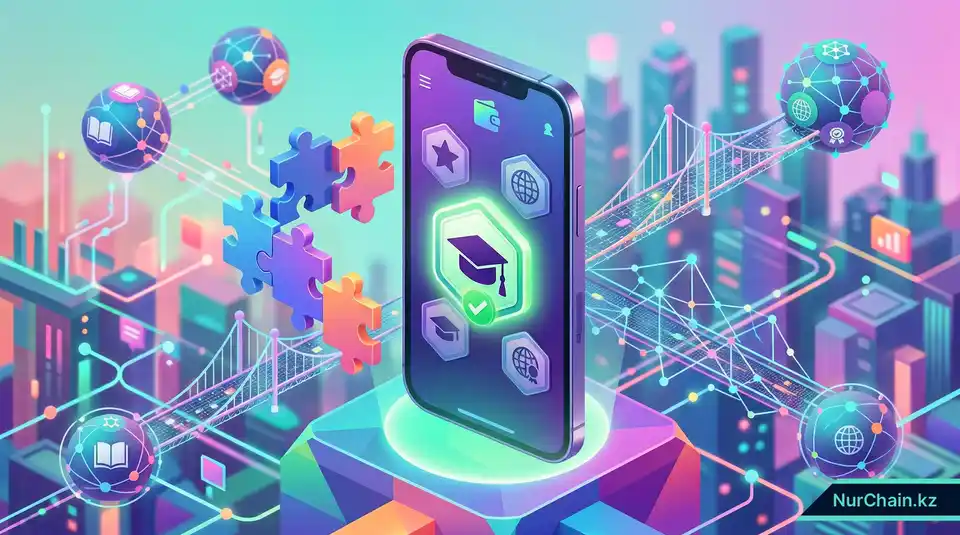 Визуальное 3D-пояснение процесса интеграции бейджа цифрового документа в мобильный кошелек для мгновенной проверки подлинности.