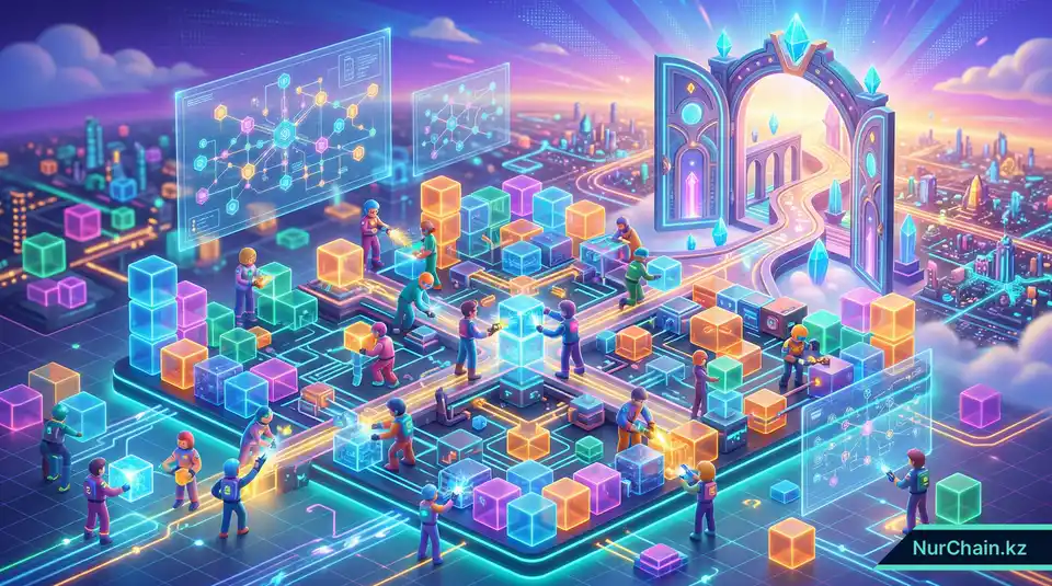 3D-графика, изображающая сообщество стилизованных фигур, строящих на общем блокчейн-фундаменте, что иллюстрирует стратегические преимущества экосистемы.